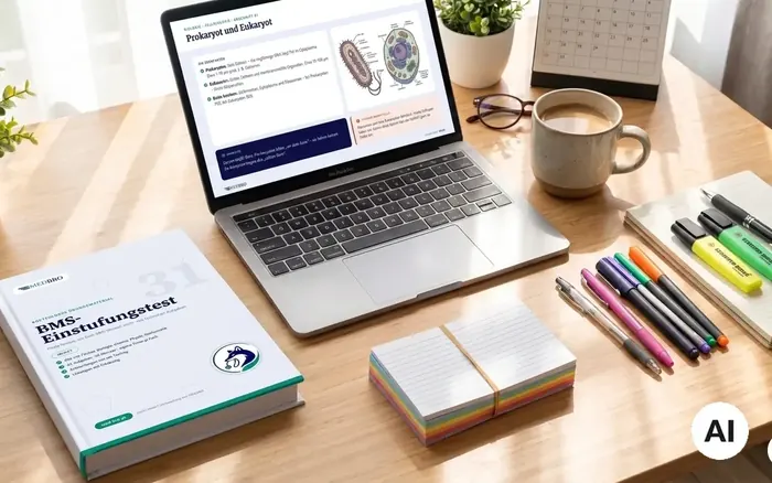 Laptop mit Übungsfragen neben gedrucktem Skript