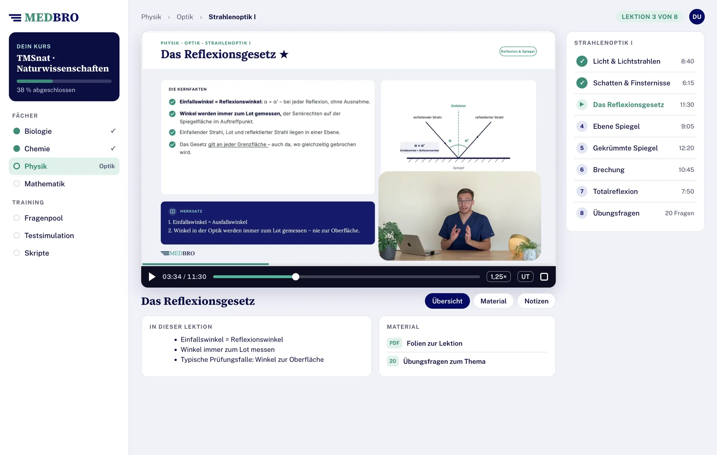 Lehrvideo im Videoplayer der MEDBRO-Lernplattform (TMSnat)